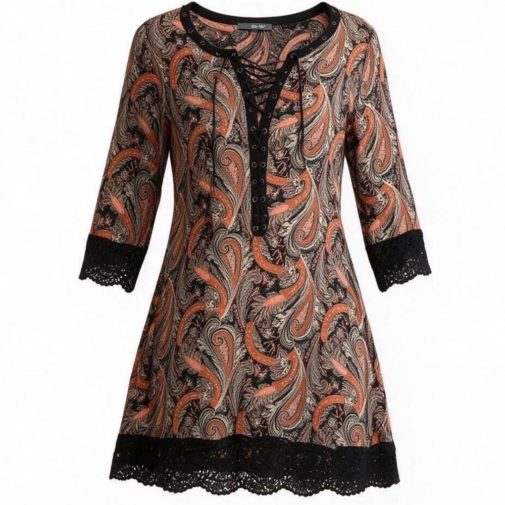 Miss Me Womens L Paisley Lace Up Grommet Tunic Top Boho Crochet Trim Terracotta